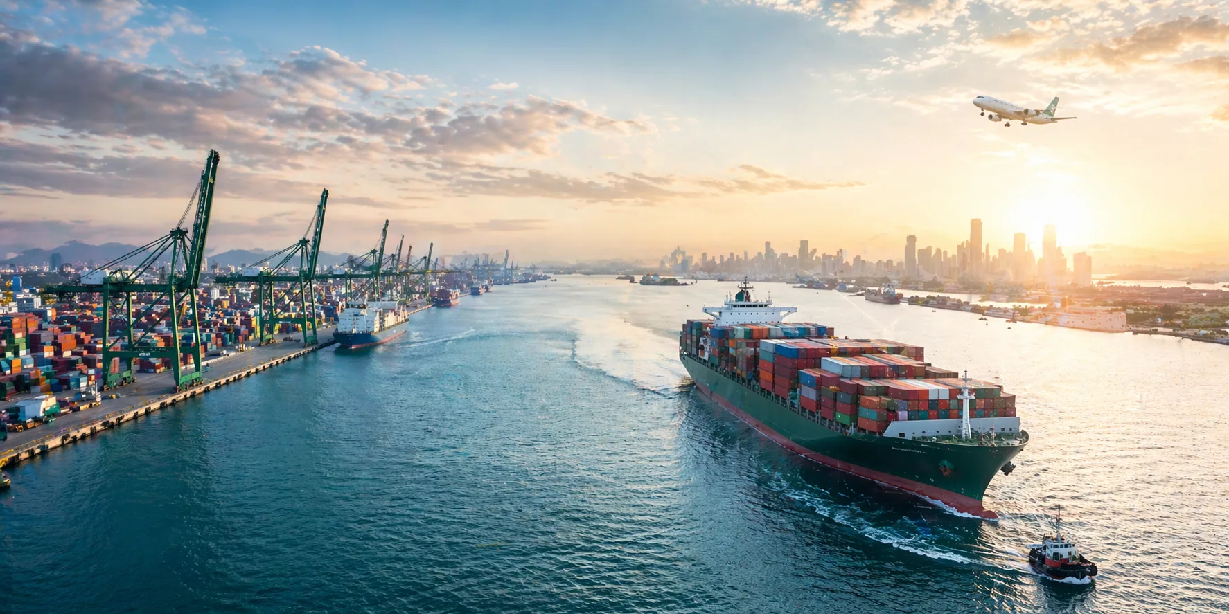 Container ship loaded with cargo containers at sea