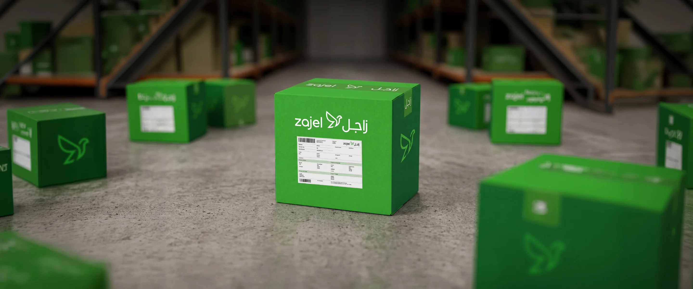 Green Zajel parcels on a warehouse floor