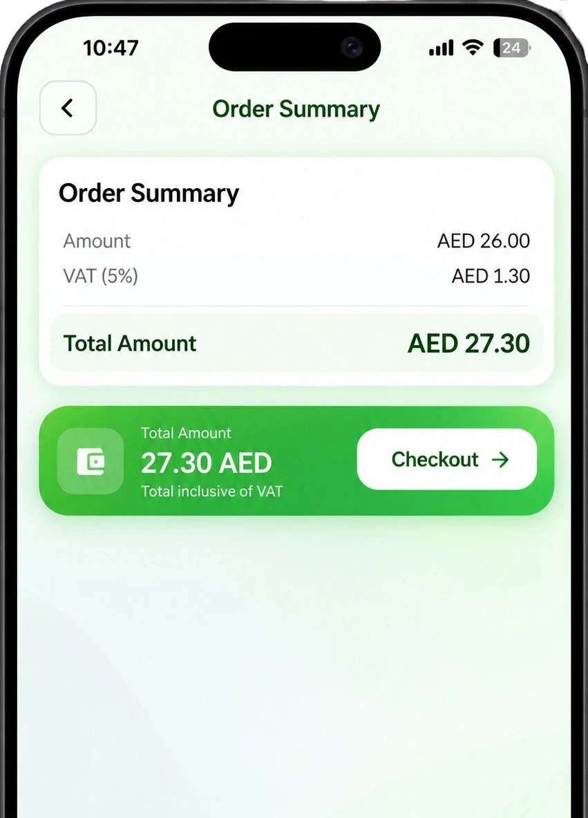 Order summary screen in the Zajel app showing the total with VAT and a Checkout button